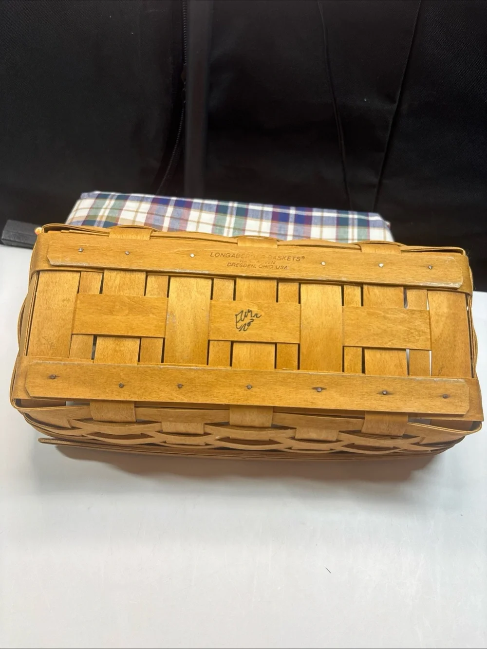 Vintage 2002 Longaberger Bread Basket with Plastic Liner Plaid Protector Liner